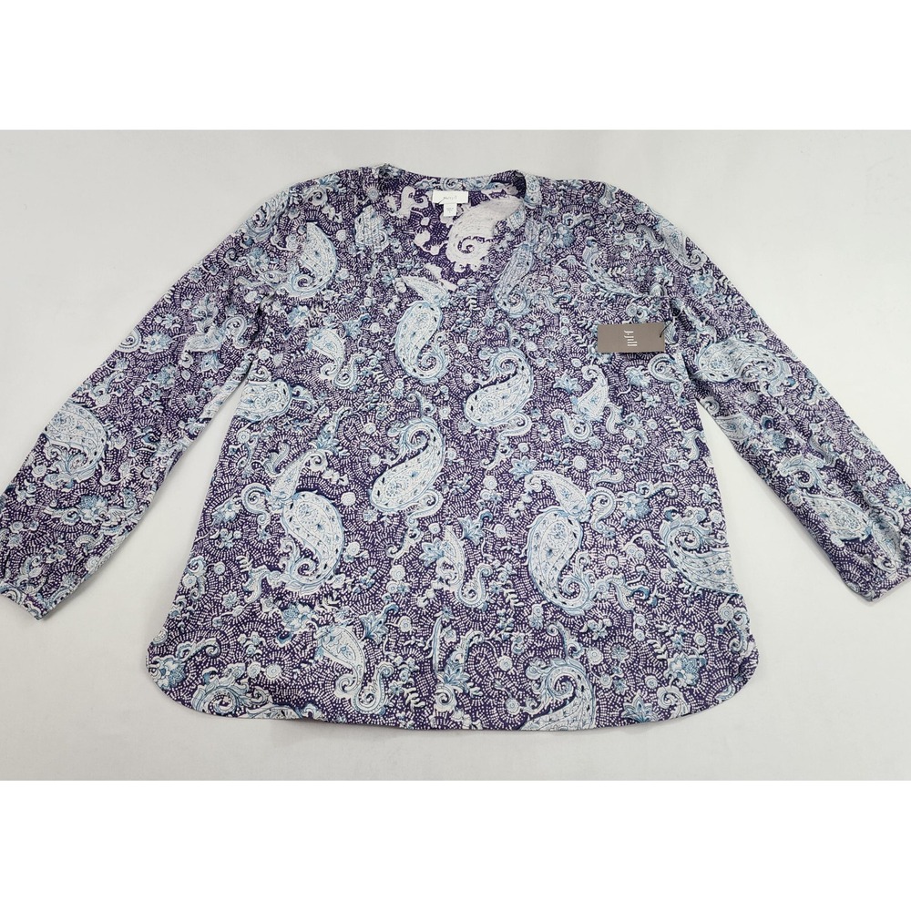 Pure J Jill Womens Small Purple Paisley Long Sleeve Cotton V-Neck T-Shirt Top